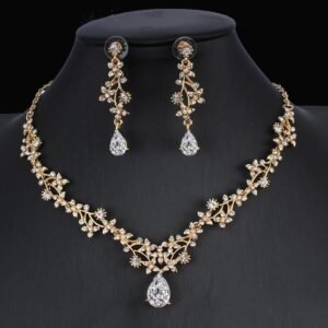 Golden Zircon Jewelry Set Necklace Earrings Wedding Two-piece Set