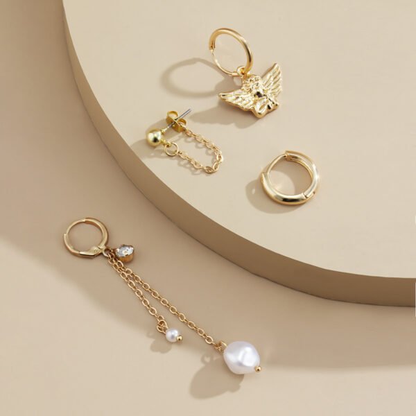 Retro Geometric Asymmetric Pearl Tassel Earrings - Image 4