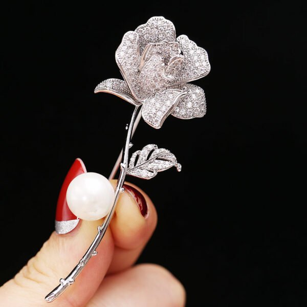 Women's Fashion Pearl Inlaid Zircon Camellia Brooch - Image 2
