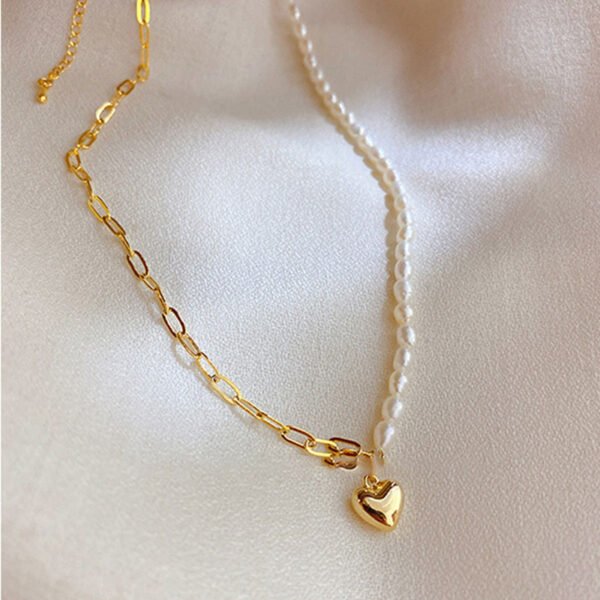 Asymmetrical Stitching Pearl Clavicle Chain Glossy Love Pendant Necklace - Image 2