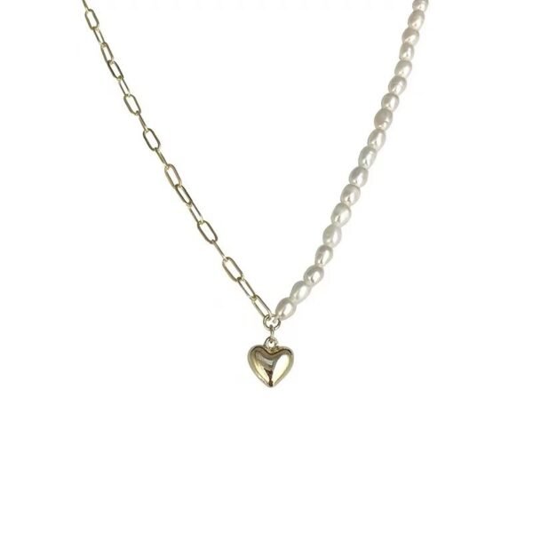 Asymmetrical Stitching Pearl Clavicle Chain Glossy Love Pendant Necklace - Image 5