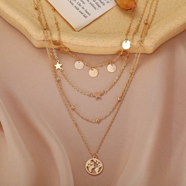 Simple Round Piece Five-Pointed Star Pendant Multilayer Necklace - Image 3