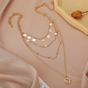 Simple Round Piece Five-Pointed Star Pendant Multilayer Necklace